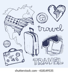 Hand drawn vector travel set. Vector travel illustration.