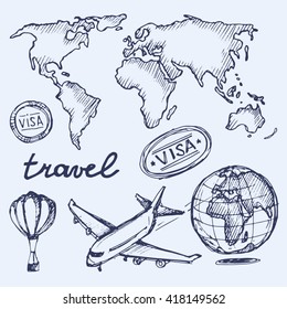 Hand drawn vector travel set. Vector travel illustration.