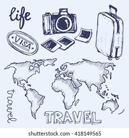 Hand drawn vector travel set. Vector travel illustration.