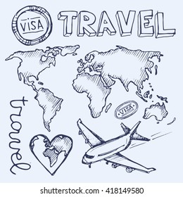 Hand drawn vector travel set. Vector travel illustration.