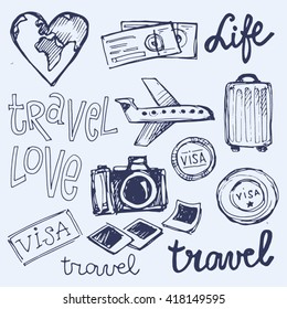 Hand drawn vector travel set. Vector travel illustration.