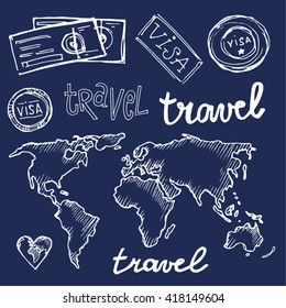 Hand drawn vector travel set. Vector travel illustration.