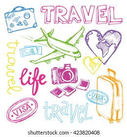 Hand drawn vector travel set. Vector illustration.