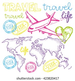 Hand drawn vector travel set. Vector illustration.