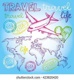 Hand drawn vector travel set. Vector illustration.