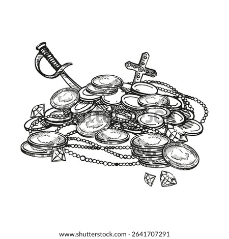 hand drawn vector treasures, lots of money, coins, jewelry, beads, necklaces, pirate saber, weapons, diamonds, gold, pirate loot, black and white sketch, adventure, history monochrome illustration
