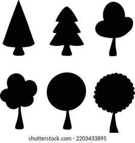 hand drawn vector tree set of 6 different trees, silhouette