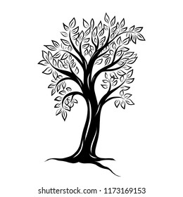 Hand drawn vector tree silhouette with leafs outline illustration for poster, banner, logo, icon for eco project, nature related producte, health care, women health, gardening