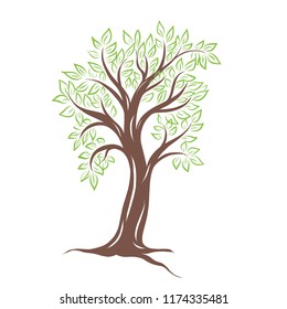 Hand drawn vector tree silhouette with leafs outline illustration for poster, banner, logo, icon for eco project, nature related producte, health care, women health, gardening