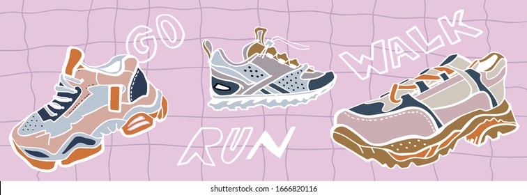 Hand drawn vector trendy illustration of sneakers in pastel colors on a pink background. Fashion stylish platform shoes. Cartoon style