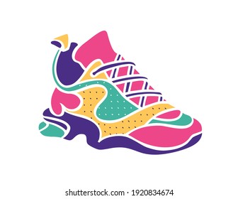 Hand drawn vector trendy illustration of sneaker in bright colors on a white background. Fashion stylish platform shoes. Cartoon style