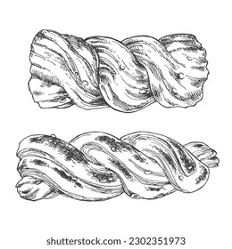 Hand drawn vector trenza de almudevar illustration. Traditional Spanish braid roll bread. Soft sweet loaf dessert template for menu, ad, design, label