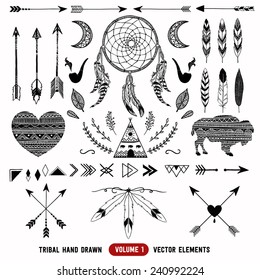 Hand drawn vector tribal elements. Aztec logos and badges. 