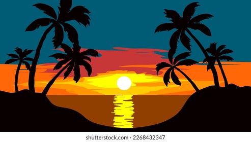 Hand drawn vector tropical beach sunset