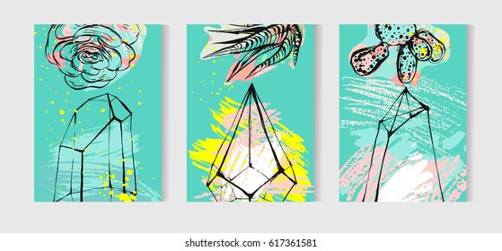 Hand drawn vector tropical cards set collection with house plants,succulents and cactus plants. Scandinavian style illustration, modern home decor.Birthday,wedding,business,invitation
