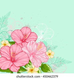 Hand drawn vector tropical flowers on a green background