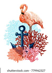 Hand drawn vector tropical illustration, background  with anchor,  corals. Perfect for wallpapers, web page backgrounds, surface textures, textile.