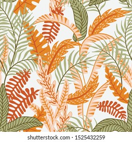 Hand drawn vector tropical leaves on the white background. Foliar repeat pattern. Seamless flat illustration. Interior decoration. Repeating texture for textiles or wrapping paper or creative decor