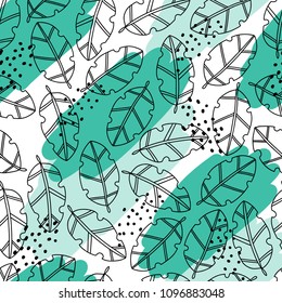 Hand drawn vector tropical seamless pattern in bright colors with palm and monstera leaves. Memphis style. 