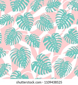 Hand drawn vector tropical seamless pattern with monstera leaves on the pink background. Trendy summer 
backdrop design in pastel colors.