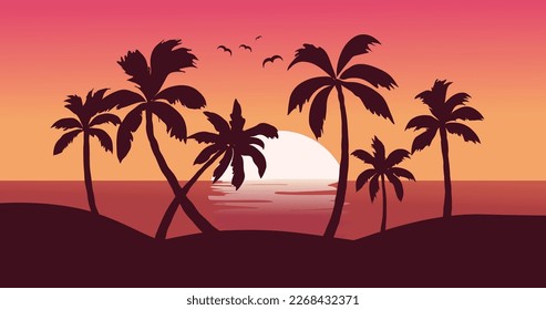 Hand drawn vector tropical sunset with gradient sky