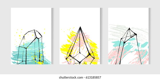 Hand drawn vector tropical unusual universal cards set collection with graphic glass terrariums. Scandinavian style illustration, modern home decor.Birthday,wedding,business,invitation
