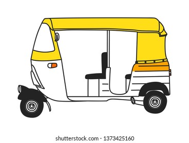 Hand drawn  vector of Tuk Tuk a local taxi of  Indonesia isolated vector illustration, doodle Outline  Business Travel and Tourism Concept. Presentation, Banner, Postcard 