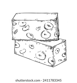 Ilustración de nougat con vector dibujado a mano. Pastel oriental de nueces tradicionales. Imagen retro vintage. Plantilla de diseño para anuncio, etiqueta, menú