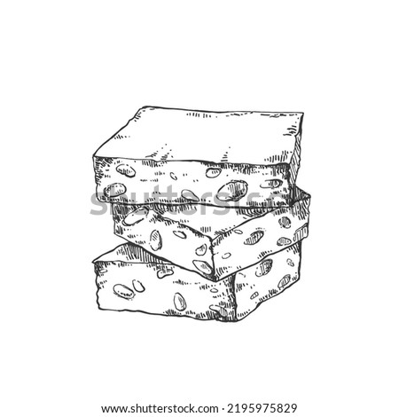 Hand drawn vector Turkish nougat illustration. Traditional nut oriental pastry. Retro vintage image. Design template for ad, label, menu
