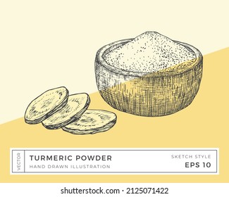 Hand Drawn Vector Turmeric Plant Powder in a Pot with Sliced Root Illustration. Vegan Based Food Drawing with Colorful Background. Isolated