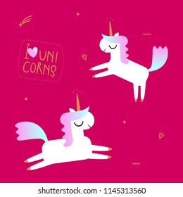 Hand drawn vector two Unicorns as a cartoon characters with objects and lettering with a frame
