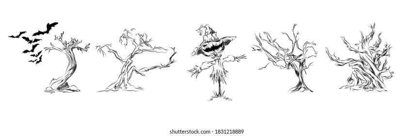 Hand drawn vector types of dry trees for halloween holiday and scarecrow with pumpkin head