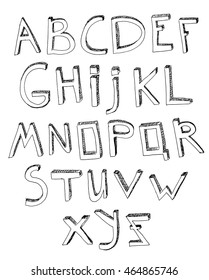 Hand drawn vector typeset. Volumetric handmade letters. English alphabet in black color on a white background.