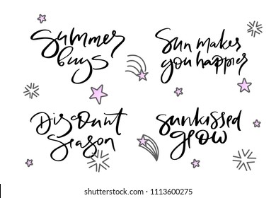 Hand drawn vector typography lettering summer, buys, sun makes you happier, discount, season, sunkissed glow, poster for label, magazine, blogger, ad, shop, calligraphy logotype, text souvenir