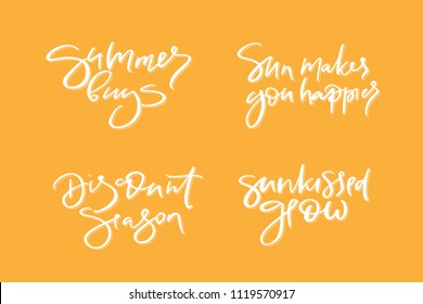 Típografía vectorial dibujada a mano que el verano, las compras, el sol te hace más feliz, descuento, temporada, brillo de sol, afiche para etiqueta, revista, blogger, y, tienda, logotipo de caligrafía, recuerdo de texto