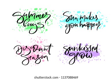 Hand drawn vector typography lettering summer, buys, sun makes you happier, discount, season, sunkissed glow, poster for label, magazine, blogger, ad, shop, calligraphy logotype, text souvenir