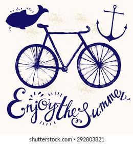 Hand drawn vector typography poster with bicycle. Summer symbols