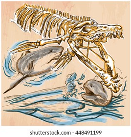 An hand drawn vector - Underwater PREHISTORY. Tylosaurus skeleton, Shark and Giant Moray - colored line art. Vector is editable in groups and layers - freehand sketching.