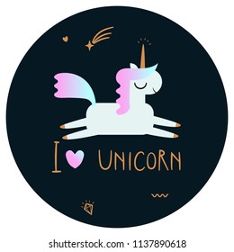 Hand drawn vector Unicorn as a cartoon characters with objects and lettering 