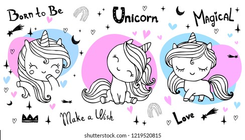 Hand drawn vector unicorn collection with lettering. Design elements set  for t shirt, prints, posters, stickers 