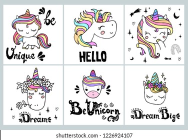 Hand drawn vector unicorn collection with lettering. Design elements set  for t shirt, prints, posters, stickers 