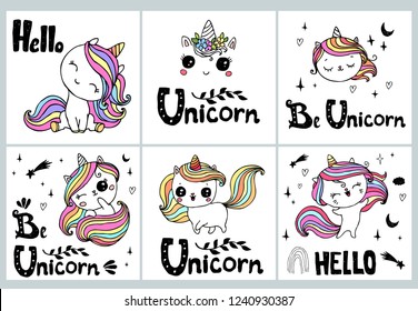 Hand drawn vector unicorn collection with lettering. Design elements set  for t shirt, prints, posters, stickers 