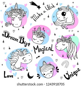 Hand drawn vector unicorn collection with lettering. Design elements set  for t shirt, prints, posters, stickers 