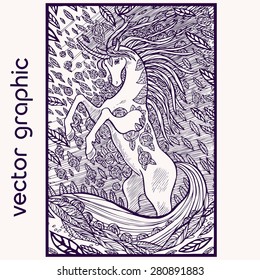 Hand drawn vector unicorn. Magic horse with roses flowers and leaves. 