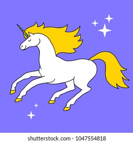 Hand drawn vector unicorn on starry sky. Cute magic cartoon fantasy animal. Dream symbol. Design for children