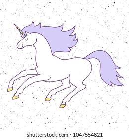 Hand drawn vector unicorn on starry sky. Cute magic cartoon fantasy animal. Dream symbol. Design for children