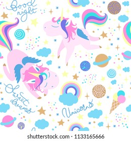 Hand drawn vector Unicorn seamless pattern as a cartoon characters with symbols, objects and lettering