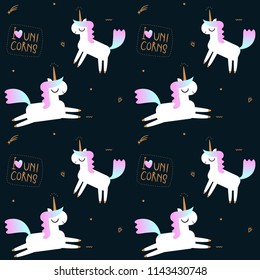Hand drawn vector Unicorn seamless pattern as a cartoon characters with symbols, objects and lettering 