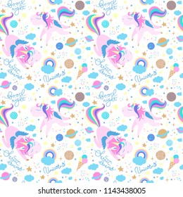 Hand drawn vector Unicorn seamless pattern as a cartoon characters with symbols, objects and lettering