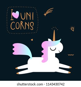 Hand drawn vector Unicorns as a cartoon characters with objects and lettering with a frame